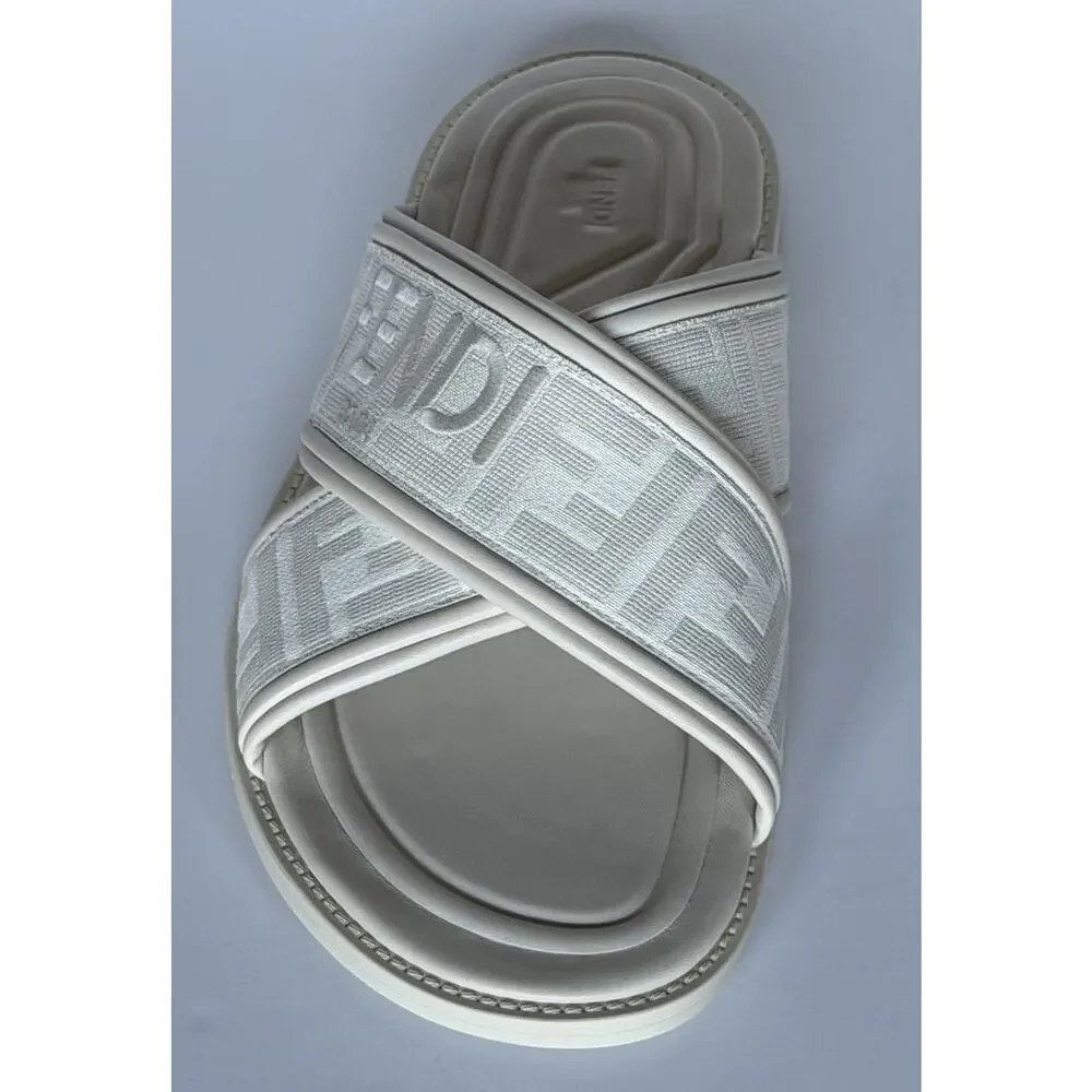 Fendi Men's FF Leather/Fabric Ivory Slide Sandals 8 US/7 UK IT 7X1548 NIB $730